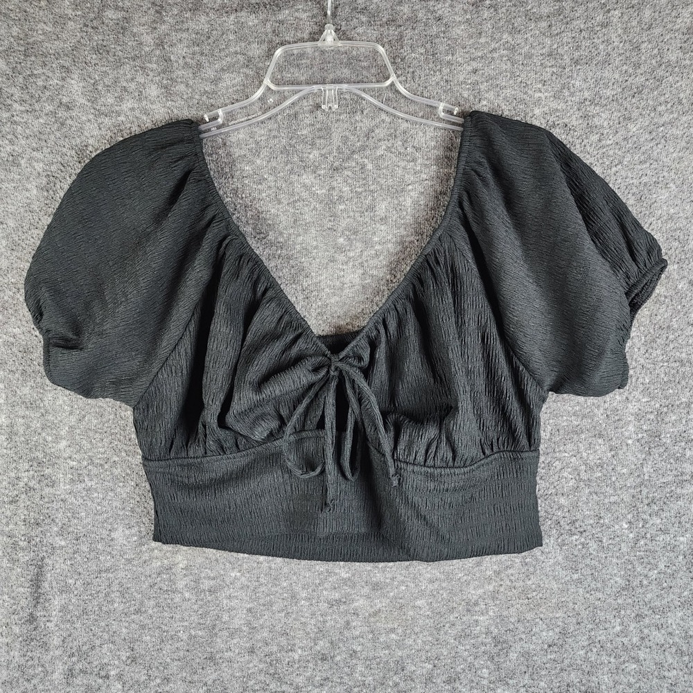 American Eagle Top Womens XL Puff Sleeve Tie Front Black Crinkle Crop EUC